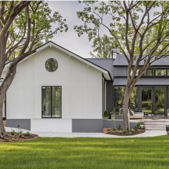Modern house with a mix of white and gray exterior, large windows, and landscaped yard.